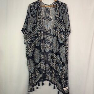 Lucky Brand Woman Kimono Cover Up Floral Tunic  Tassel Blue       Size OS